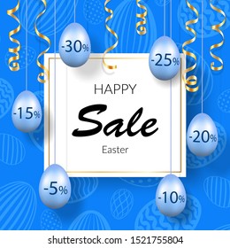 Easter sale banner. Hanging 3D Easter eggs, streamers gold ribbon, white frame, textured background. Template text for holiday Easter decoration, label discount, special offer Vector illustration