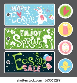 Easter Sale banner, label, sticker Set with cute hand drawn text, chicken, eggs, cake and bunny in vector. Inspirational poster. Spring trendy background. Discount design