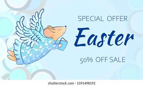 Easter sale banner with mouse. Retro cartoon illustration. It can be used as holiday card. Vector illustration.