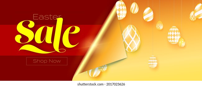 Easter sale banner. Pattern with hanging painted Easter eggs. Shop now. Vector 3d illustration