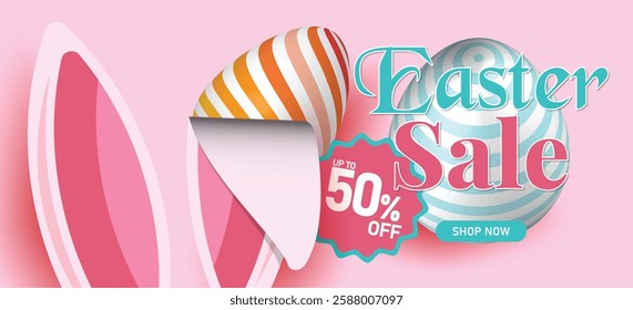 Easter sale banner with pink bunny ears, decorated eggs, and glitter text on pastel background, 50% off discount, holiday shopping promotion