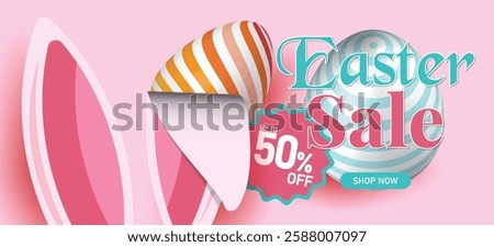 Easter sale banner with pink bunny ears, decorated eggs, and glitter text on pastel background, 50% off discount, holiday shopping promotion