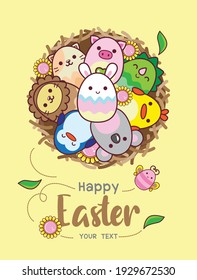 Easter sale banner with place for text background template. Set of Easter eggs with different animals. Vector Illustration. Spring holiday.