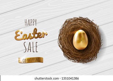 Easter Sale banner with realistic golden egg in nest. Vector illustration on wooden background. Top view.