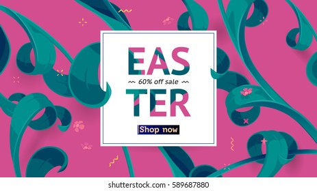 Easter sale banner. Spring holiday offer with text, shop now button, collage with tropical leaves. Festive frame, decoration made of abstract floral elements. Offer 60% off. Special vector background