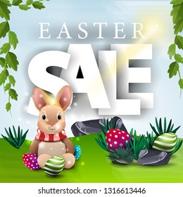 Easter sale, banner with spring landscape and Easter bunny