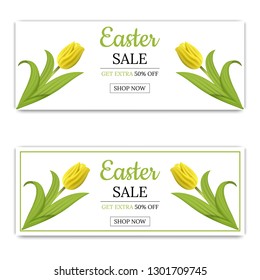 Easter Sale Banner Template Background with Yellow Tulips. Voucher, wallpaper,flyers, invitation, posters, brochure, coupon discount,greeting card. Vector illustration.