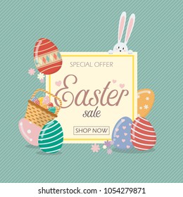 Easter sale banner template with bunny rabbit and eggs. Easter background template design