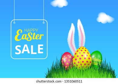 Easter sale banner template with frame, decorated eggs and rabbit's ears