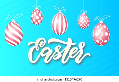 Easter sale banner template with easter pink gold eggs on blue background. Vector illustration. Modern lettering. Template of greeting card, promotion, poster, flyer, web-banner, print