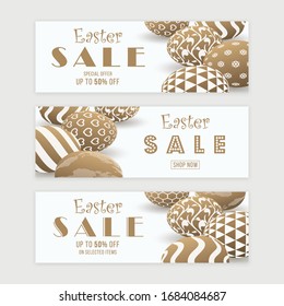 Easter sale banner templates with three dimensional patterned eggs. Gold colored Easter banner design.