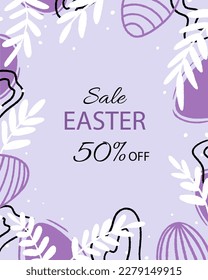 Easter sale banner. Trendy design with typography, hand painted plants, dots, eggs and bunny