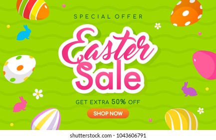 Easter Sale Banner Vector illustration, Colorful Easter eggs and bunny shaped candies on green background