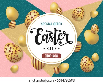 Easter sale banner. Vector illustration with hand sketched lettering typography, circle frame, golden Easter eggs, promo text on color block background with dot pattern. Design template