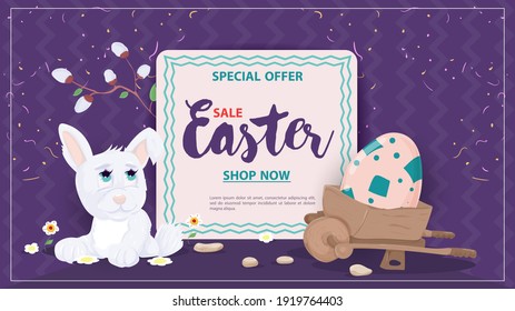 Easter sale banner, Wheelbarrow with egg and rabbit next to text sign, flat vector illustration for holiday design decoration, purple background