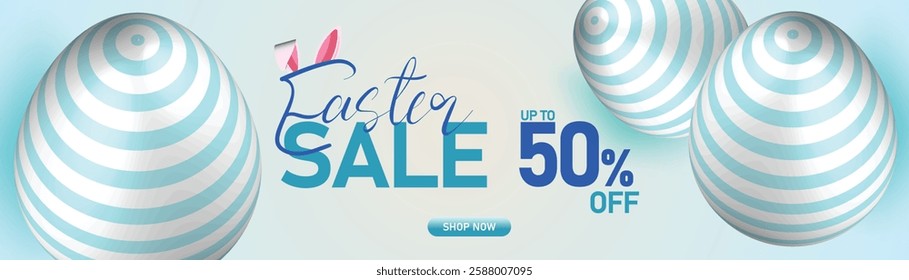 Easter sale banner with white and blue decorated eggs, minimal design, 50% off discount, spring holiday shopping and festive template