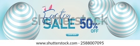 Easter sale banner with white and blue decorated eggs, minimal design, 50% off discount, spring holiday shopping and festive template