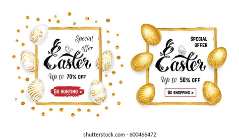 Easter sale - banners Calligraphy in gold frame, golden eggs with patterns & dots. Isolated vector 4 shopping mobile website, social media banners, posters & ads