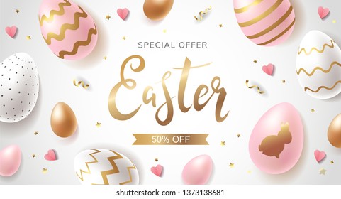 Easter Sale beautiful luxury modern banner design with golden, white and pink realistic ornate eggs, lettering and gold confetti with pink paper hearts. Special offer 50% off. - Vector