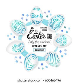 Easter sale - calligraphy in a blue watercolor circle, white eggs with patterns and dots. Isolated vector banner for websites, posters, social media banners and ads