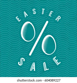 Easter Sale Calligraphy Illusion Logo Lettering with Engraved Eggs as Percent Sign in Front of Repeating Wavy Lines - White Elements on Turquoise Rough Paper Background - Flat and Woodcut Retro Design