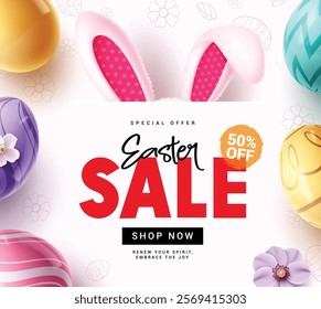 Easter sale clipart poster design. Happy easter shopping 50% off clip art in doodle white background with colorful eggs, flowers and wishes flyer design. Vector illustration easter sunday special 