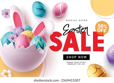 Easter sale clipart poster design. Happy easter sale text with big crack egg, colorful eggs and bunny ears for holiday 50% off shopping discount. Vector illustration easter sunday flyer design.
