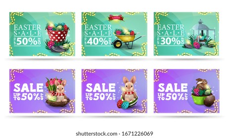 Easter sale, collection discount banners in cartoon style with Easter icons, liquid shapes on background and frame of garland. Easter discount banner with liquid abstract shapes on background