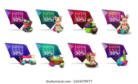 Easter sale, collection geometric discount banners with up to 50% off and Easter icons in the form of geometric POI