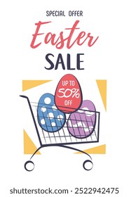 Easter Sale. Colorful banner, flyer, background with Easter Eggs, Shopping Cart, and sales text. Flat Vector illustration.