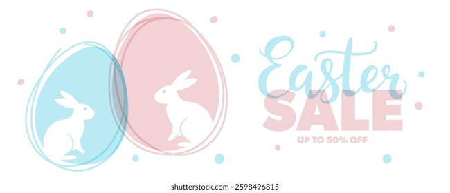 Easter Sale. Commercial banner with hand lettering, color Easter eggs and Easter bunny for Easter Day sales promotion. Vector illustration.