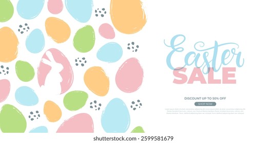Easter Sale commercial banner. Hand lettering and color brush stroke Easter Eggs for Easter holiday shopping promotion and sale advertising. Vector illustration.