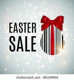 Easter SALE concept illustration.  Bar code Egg banner with realistic red bow. Happy Easter vector background. Egg sticker. Vector