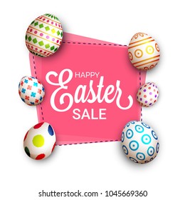 Easter Sale concept with painted eggs on pink background.