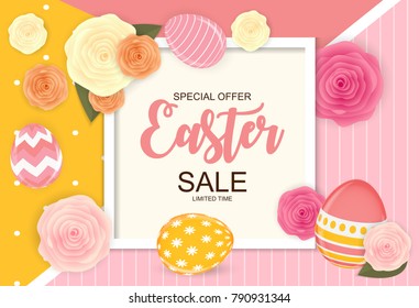 Easter Sale Cute Background with Flowers and Eggs. Vector Illustration EPS10