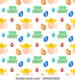 Easter Sale Cute Seamless Pattern Ornament With Chicken In Colorful Eggs On White Background Vector Illustration
