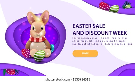 Easter sale and discount week, modern purple horizontal discount banner in paper cut style design with button and Easter bunny