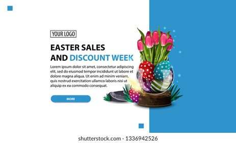 Easter sale and discount week, modern blue horizontal discount banner with button, vase with Easter eggs and tulips