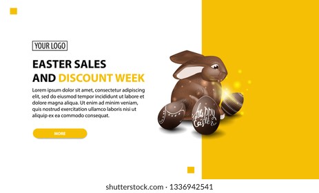Easter sale and discount week, modern yellow horizontal discount banner with button and chocolate Easter Bunny