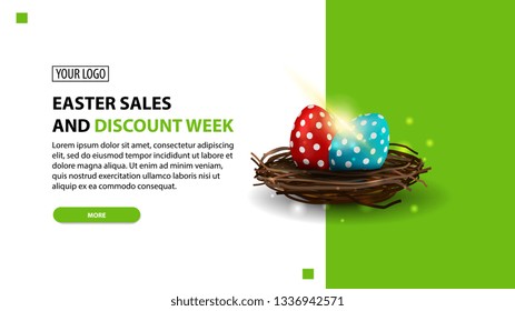 Easter sale and discount week, modern green horizontal discount banner with button and Easter eggs in the nest