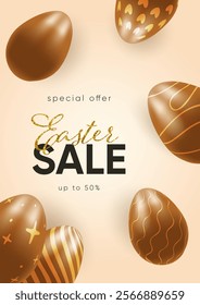 Easter sale, discounts, chocolate Easter eggs, banner, realistic 3d 