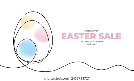 Easter Sale. Egg line art. Hand drawn continuous black line. Commercial background for Easter holiday season shopping promotion and sale advertising. Vector illustration.