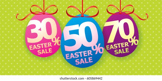 Easter Sale egg shaped tags with bow ribbon and discount persentage sign.