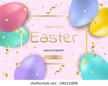 Easter sale eggs background. Bright shiny discount banner vector