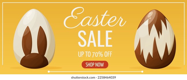 Easter sale. Eggs decorated with chocolate. Vector illustration for the spring holiday. Bright horizontal banner, flyer, poster