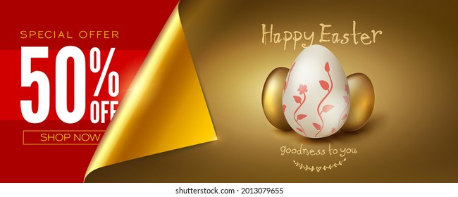 Easter sale. Easter eggs on golden background. Handwritten greeting text. Vector 3d illustration.