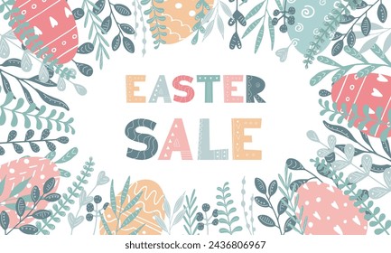 Easter Sale Festive Background. Poster flyer banner template for discount offer design. Scandinavian style spring illustration. Abstract plant and colorful eggs cute card