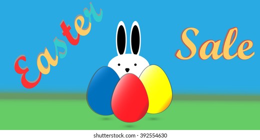 Easter Sale flyer, brochure design with rabbit and Easter eggs, Vector
