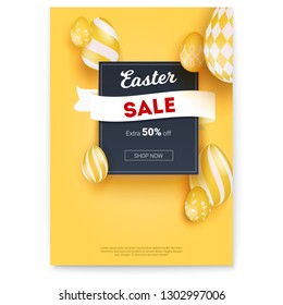 Easter sale. Get extra fifty percent off. Easter eggs with hand paintings patterns on yellow. Poster with holiday ad. Template for holidays sale actions, 3d illustration isolated on white.