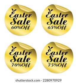 Easter Sale gold sticker set. Sale 60%, 65%, 70%, 75% off. Vector illustration